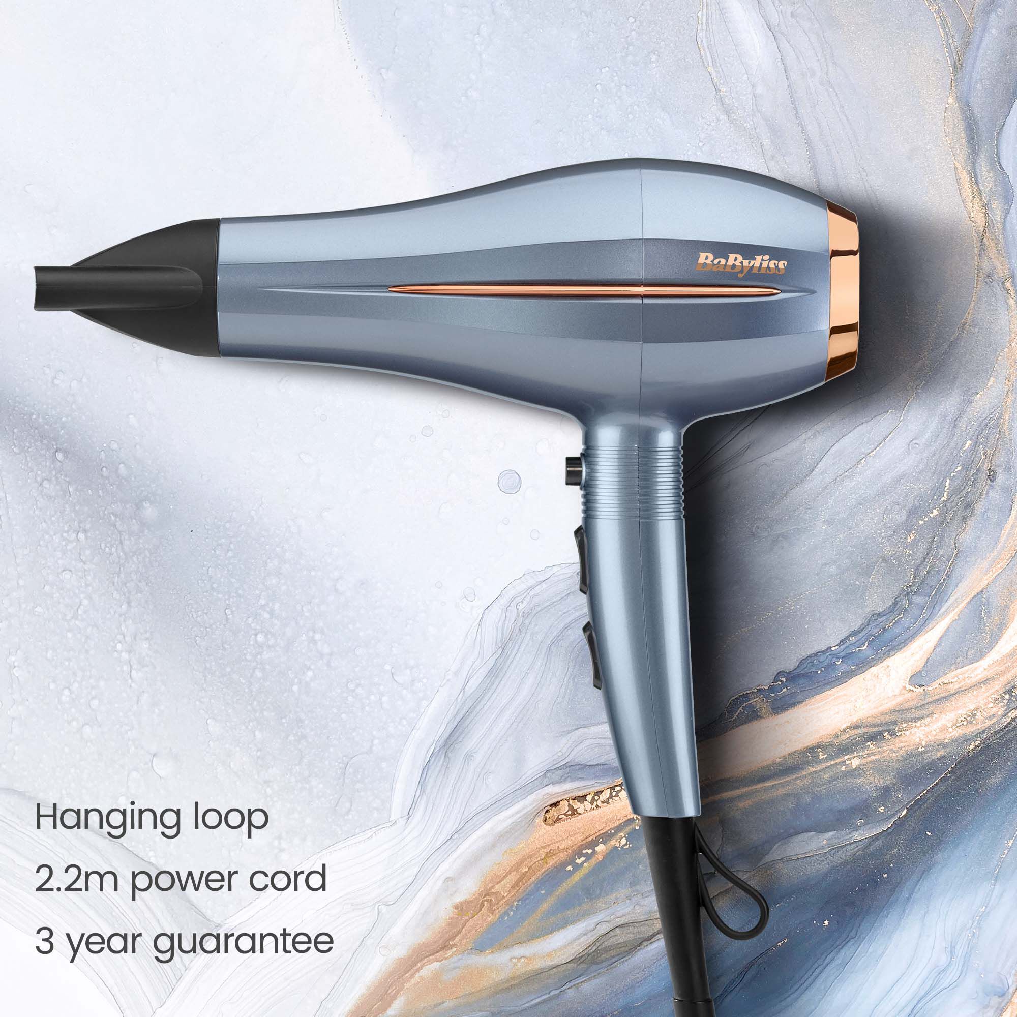 Hanging Loop. 2.2m power cord. 3 year guarantee.
